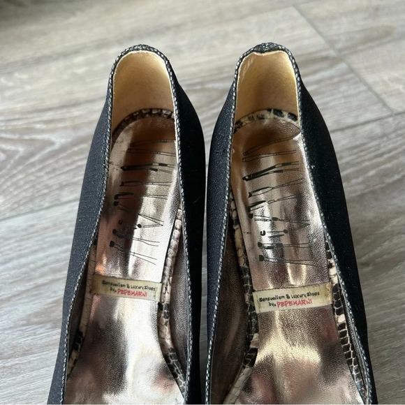 Pepe Marni Snakeskin Fabric Mixed Peep Toe Platform  Pumps - Picture 4 of 14